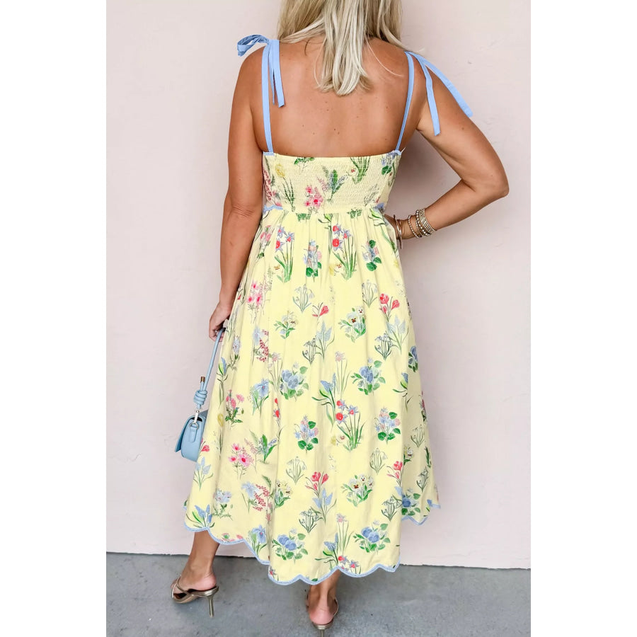 Floral Print Contrast Trim Self-tie Straps High Waist Midi Dress Apparel and Accessories