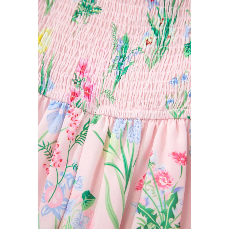 Floral Print Contrast Trim Self-tie Straps High Waist Midi Dress Apparel and Accessories