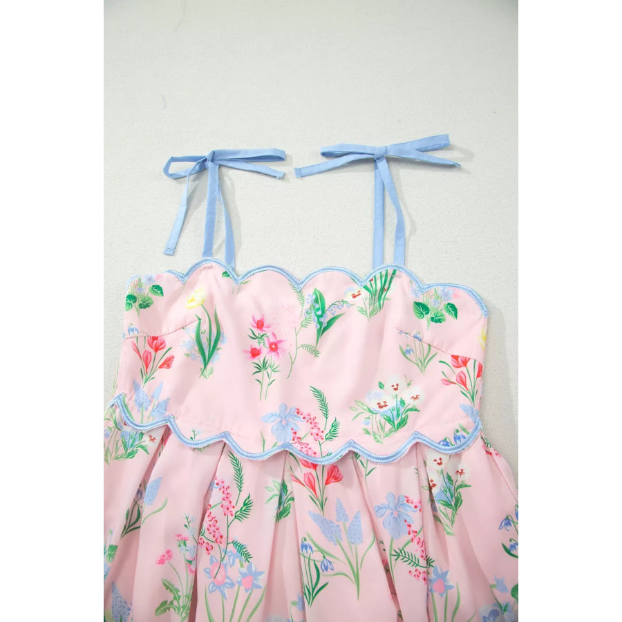 Floral Print Contrast Trim Self-tie Straps High Waist Midi Dress Apparel and Accessories