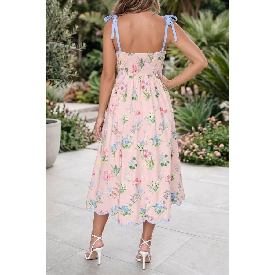 Floral Print Contrast Trim Self-tie Straps High Waist Midi Dress Apparel and Accessories