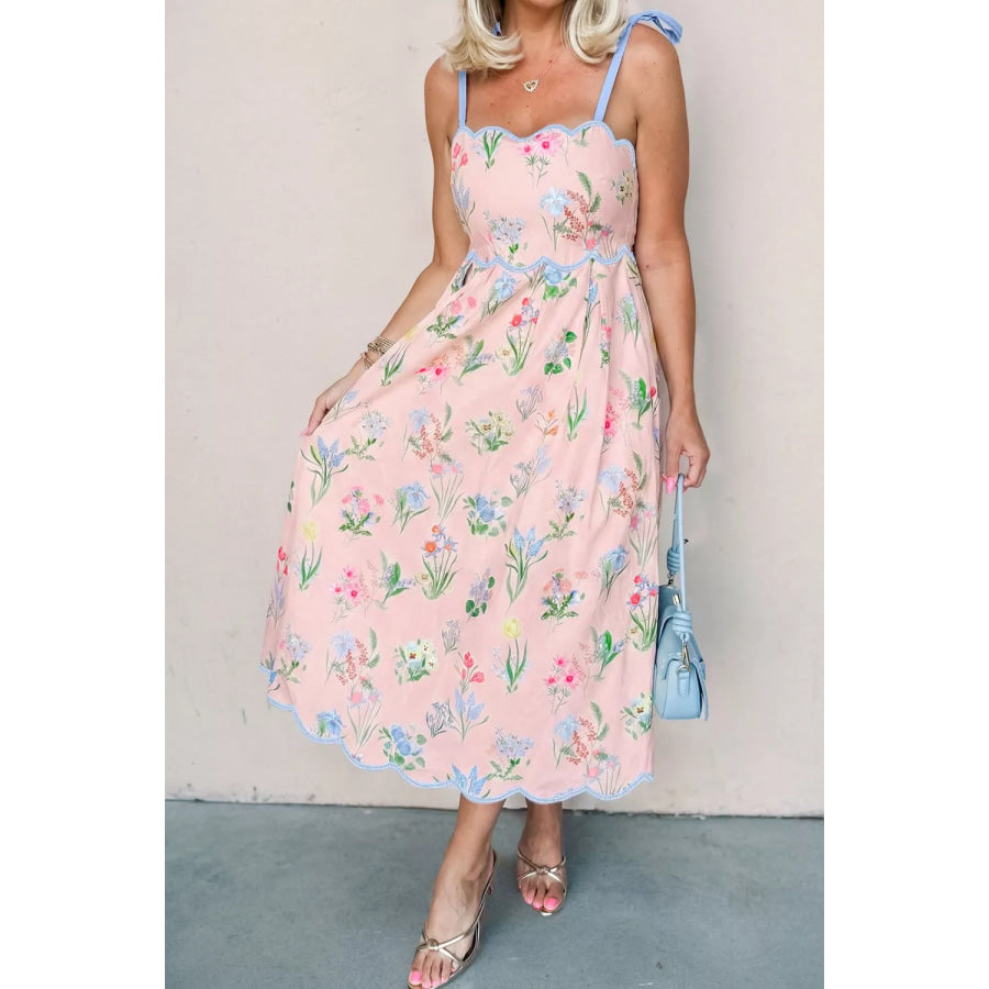 Floral Print Contrast Trim Self-tie Straps High Waist Midi Dress Apparel and Accessories