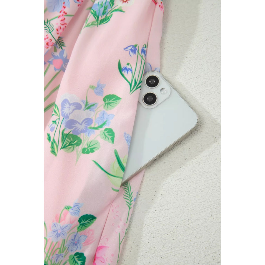 Floral Print Contrast Trim Self-tie Straps High Waist Midi Dress Apparel and Accessories