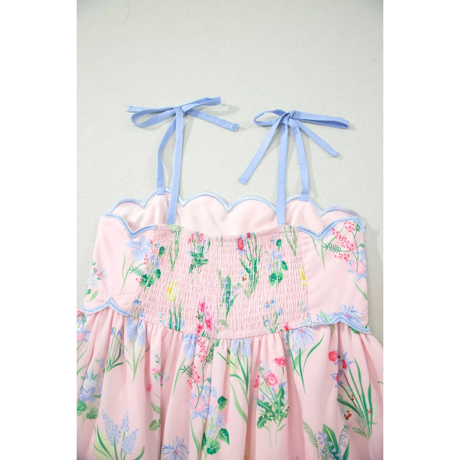 Floral Print Contrast Trim Self-tie Straps High Waist Midi Dress Apparel and Accessories