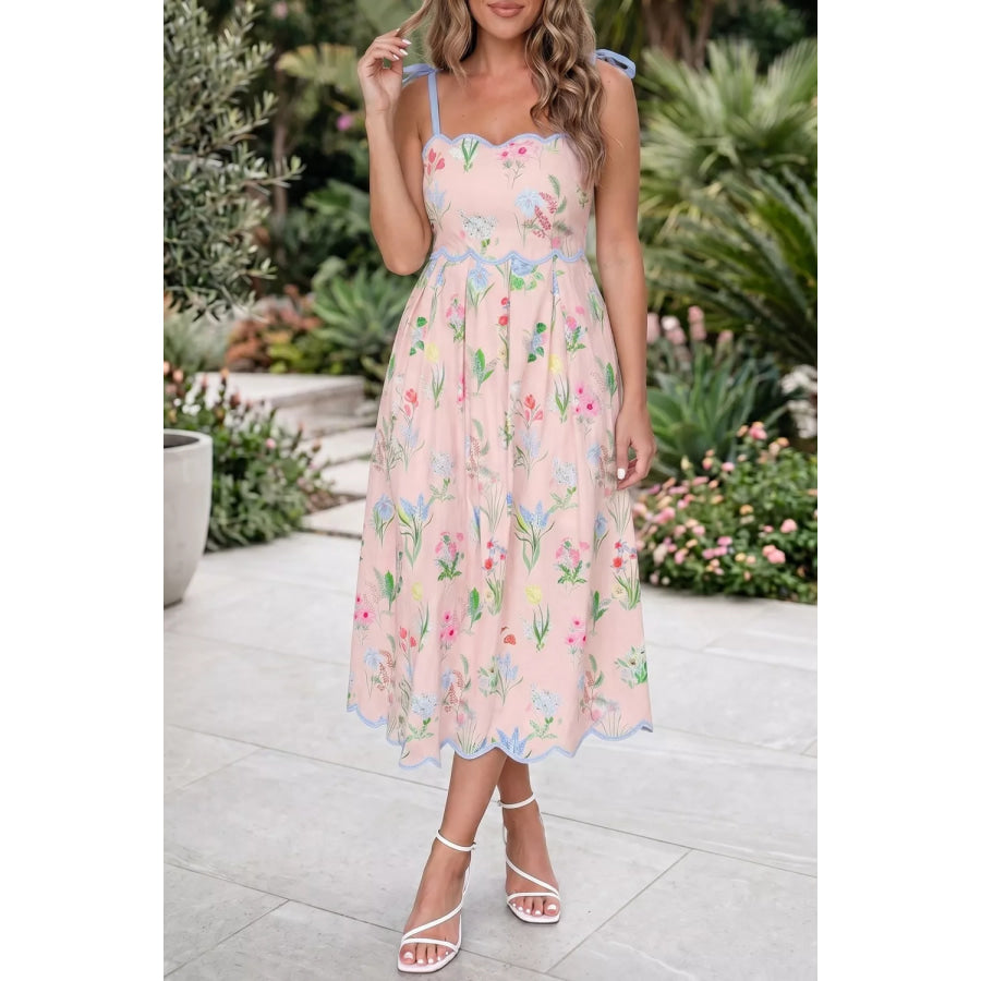 Floral Print Contrast Trim Self-tie Straps High Waist Midi Dress Dusty Pink / S Apparel and Accessories