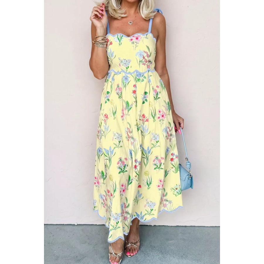 Floral Print Contrast Trim Self-tie Straps High Waist Midi Dress Light Yellow / S Apparel and Accessories