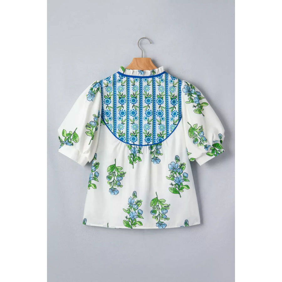 Floral Print Contrast Trim Tie Neck Blouse Apparel and Accessories