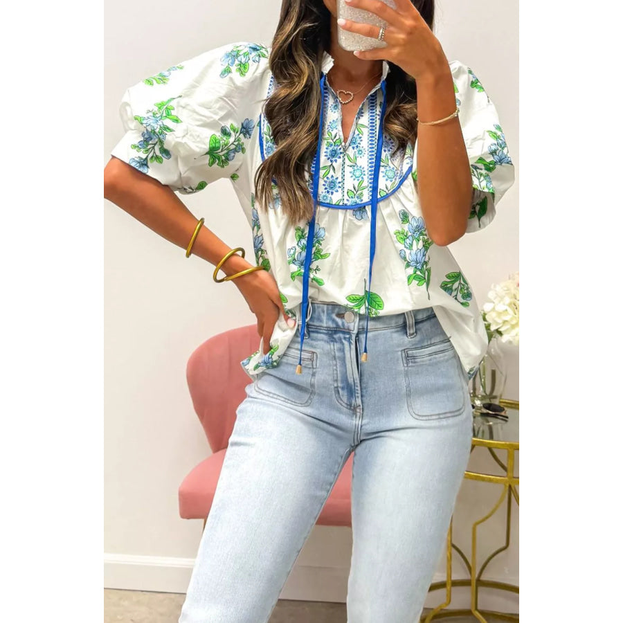 Floral Print Contrast Trim Tie Neck Blouse Apparel and Accessories