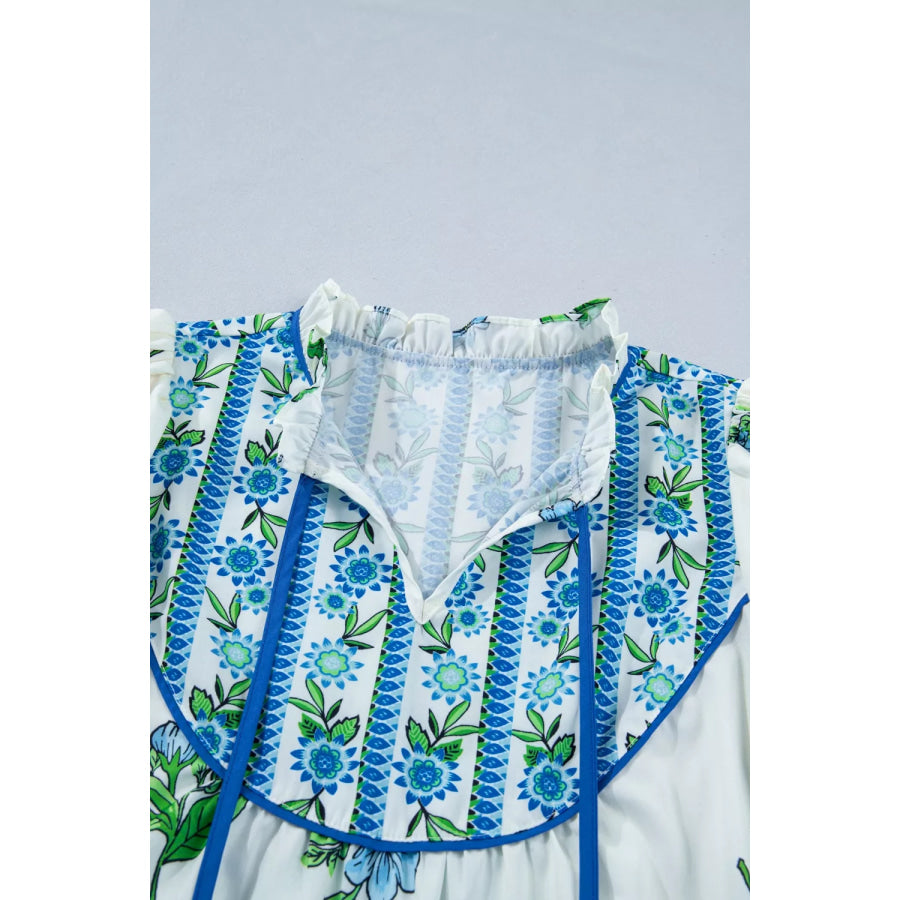 Floral Print Contrast Trim Tie Neck Blouse Apparel and Accessories