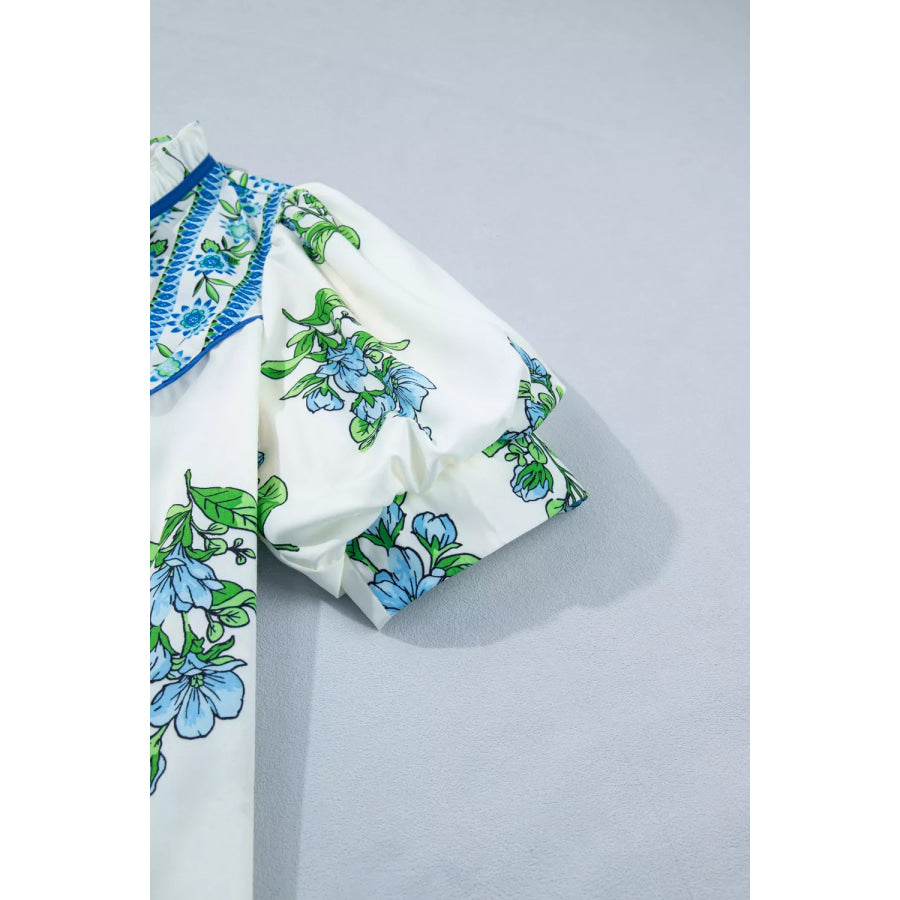Floral Print Contrast Trim Tie Neck Blouse Apparel and Accessories