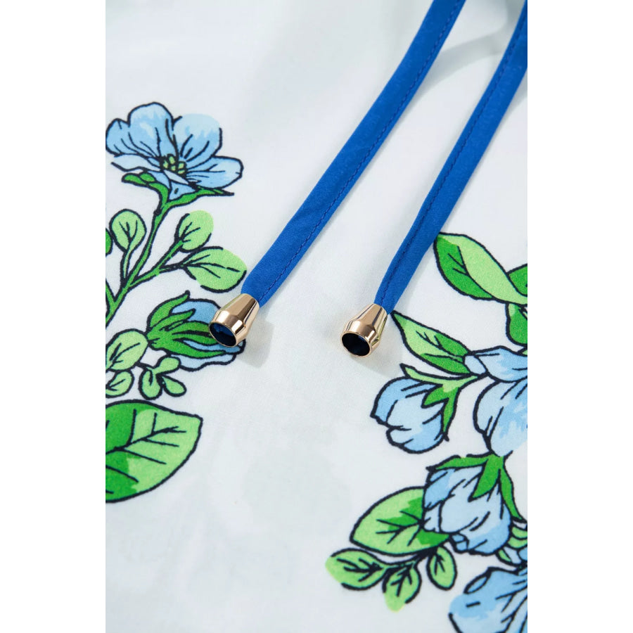 Floral Print Contrast Trim Tie Neck Blouse Apparel and Accessories