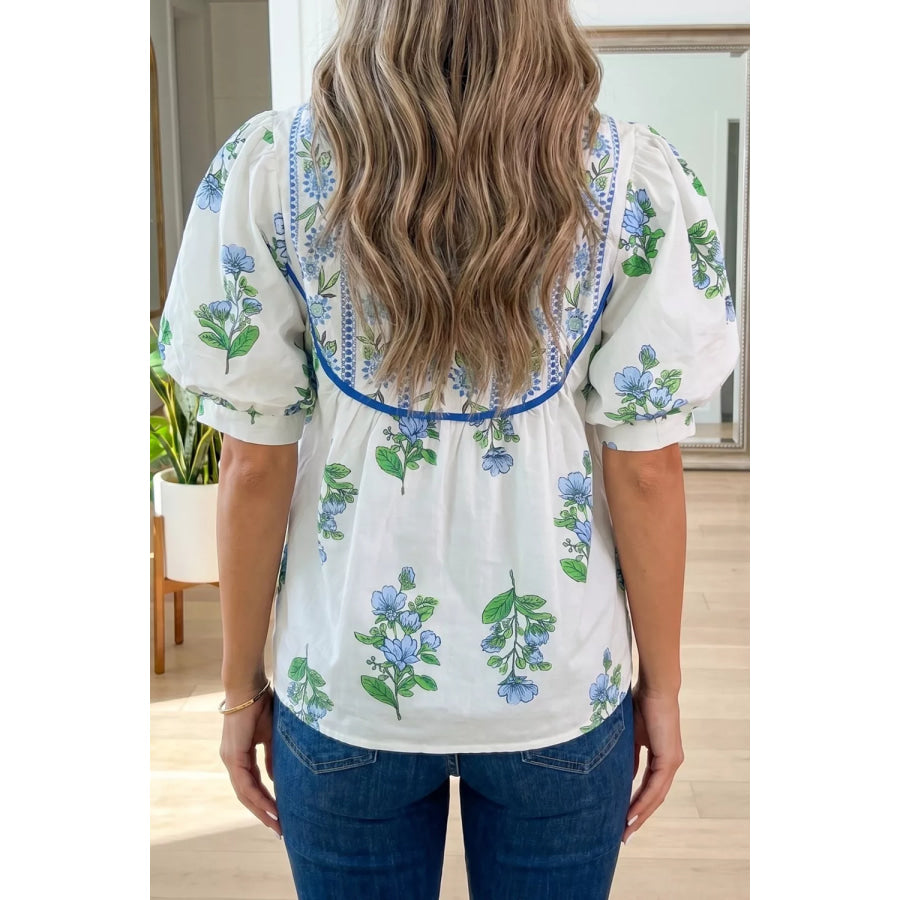 Floral Print Contrast Trim Tie Neck Blouse Apparel and Accessories