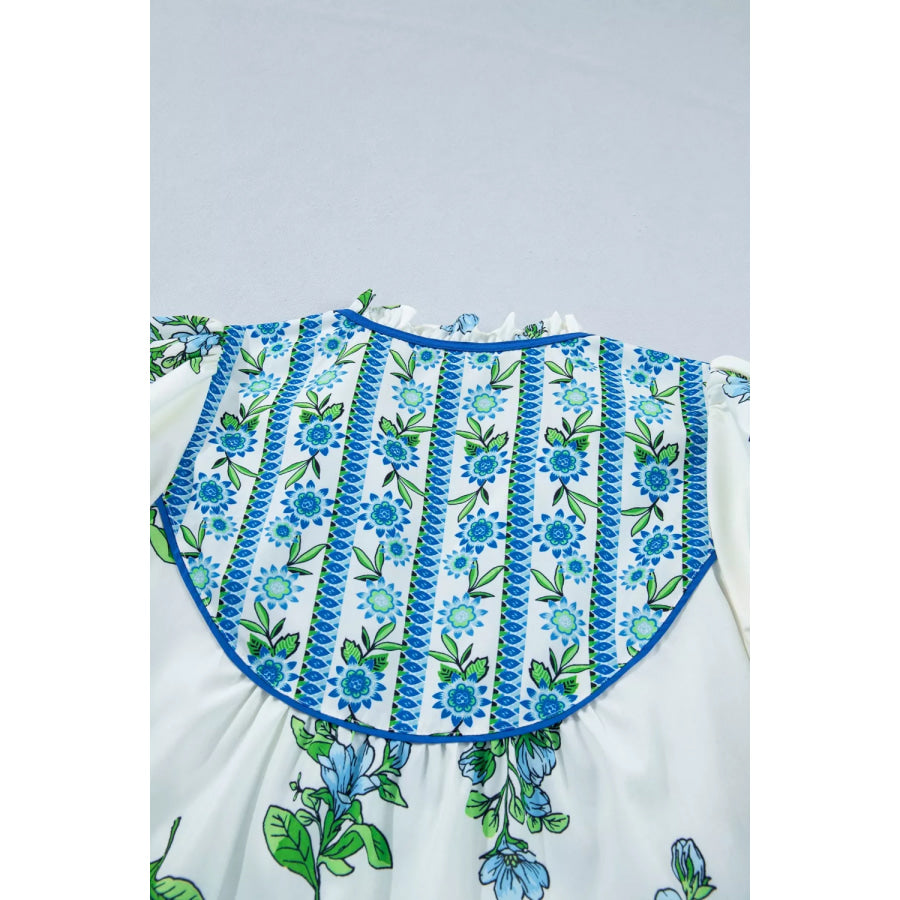 Floral Print Contrast Trim Tie Neck Blouse Apparel and Accessories