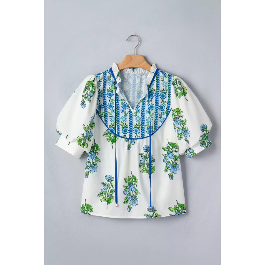 Floral Print Contrast Trim Tie Neck Blouse Apparel and Accessories