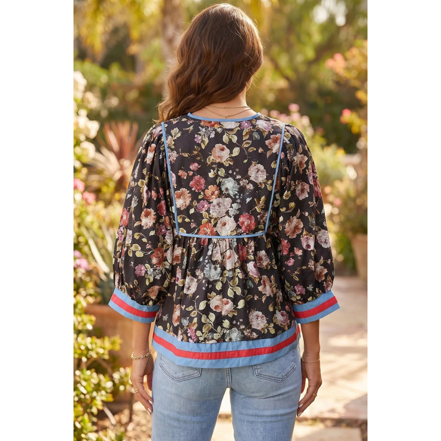 Floral Print Contrast Trim Tie V Neck Blouse Apparel and Accessories
