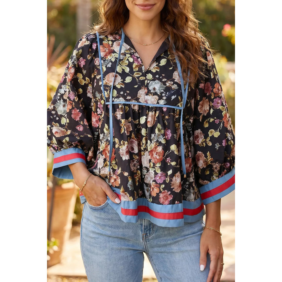 Floral Print Contrast Trim Tie V Neck Blouse Apparel and Accessories