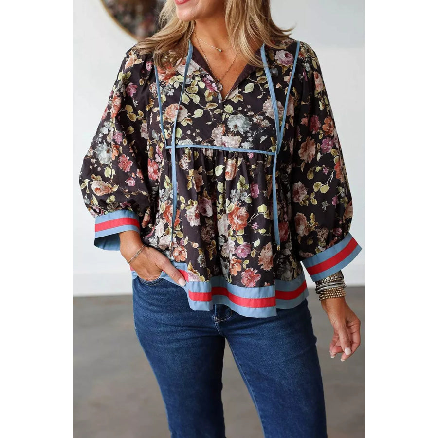 Floral Print Contrast Trim Tie V Neck Blouse Floral / S Apparel and Accessories