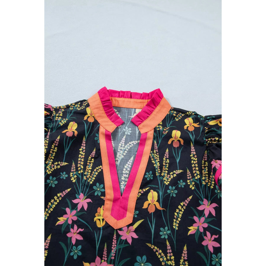 Floral Print Contrast Trim Tiered Ruffled Short Sleeve Blouse Apparel and Accessories