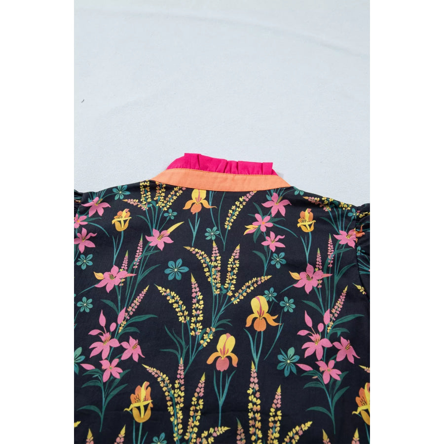Floral Print Contrast Trim Tiered Ruffled Short Sleeve Blouse Apparel and Accessories