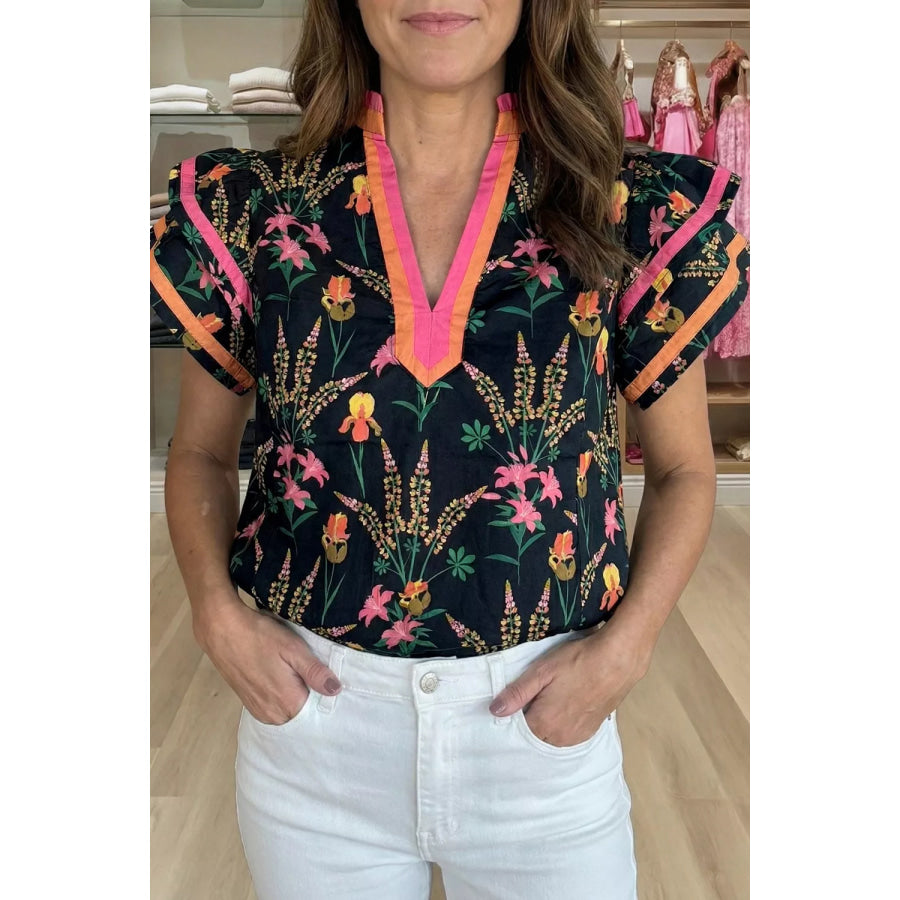 Floral Print Contrast Trim Tiered Ruffled Short Sleeve Blouse Apparel and Accessories