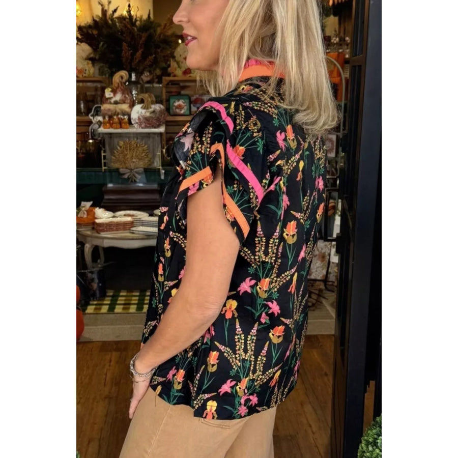 Floral Print Contrast Trim Tiered Ruffled Short Sleeve Blouse Apparel and Accessories