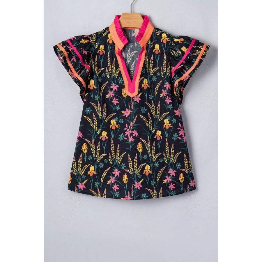 Floral Print Contrast Trim Tiered Ruffled Short Sleeve Blouse Apparel and Accessories
