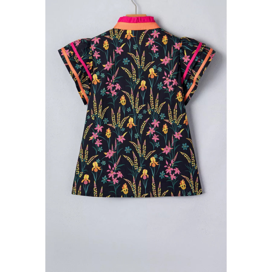 Floral Print Contrast Trim Tiered Ruffled Short Sleeve Blouse Apparel and Accessories