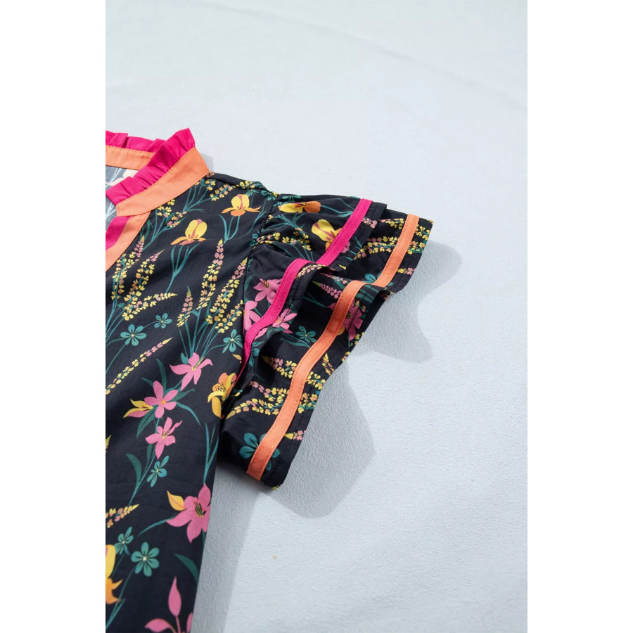 Floral Print Contrast Trim Tiered Ruffled Short Sleeve Blouse Apparel and Accessories