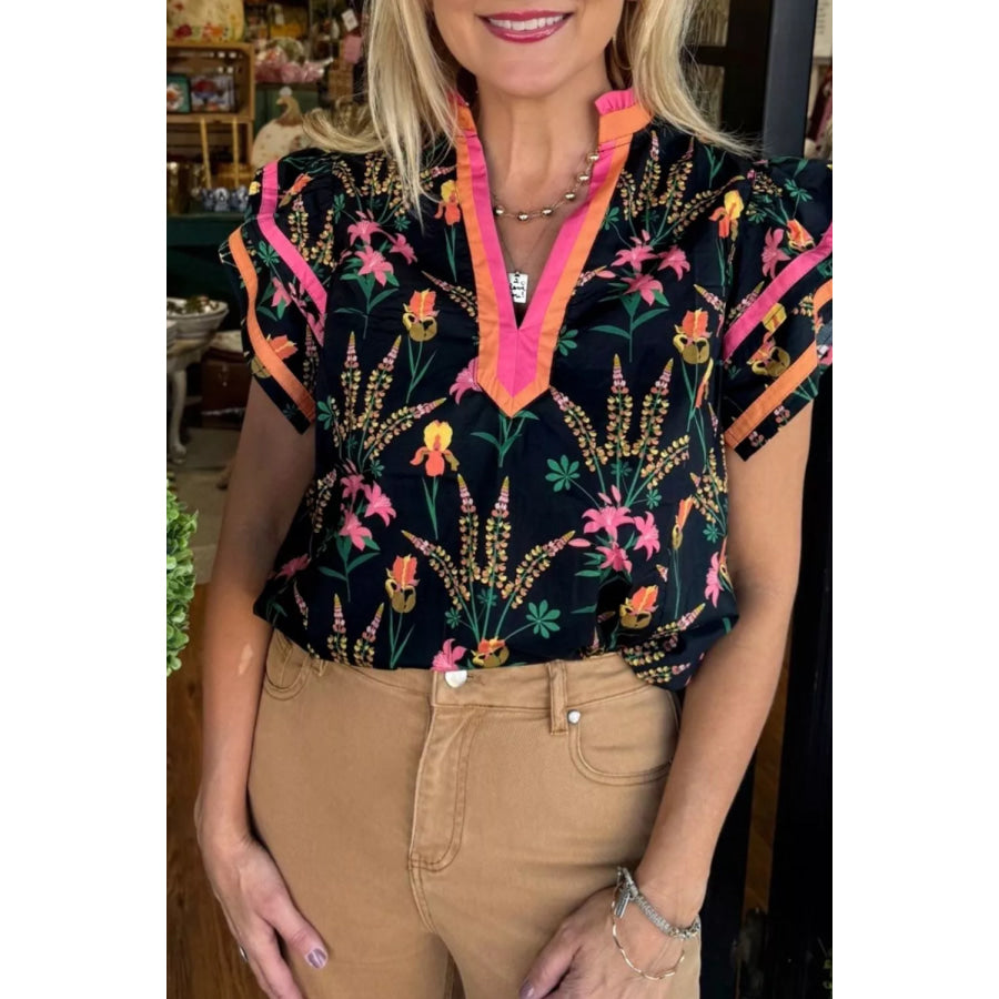 Floral Print Contrast Trim Tiered Ruffled Short Sleeve Blouse Black / S Apparel and Accessories