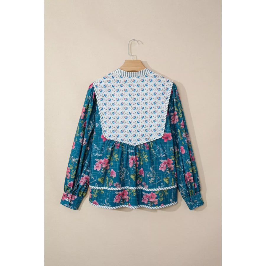 Floral Print Contrast Yoke Patchwork Striped Trim Long Puff Sleeve Blouse Apparel and Accessories