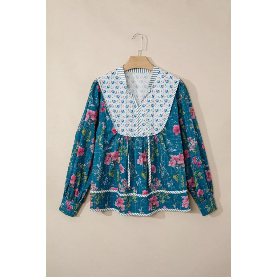 Floral Print Contrast Yoke Patchwork Striped Trim Long Puff Sleeve Blouse Apparel and Accessories