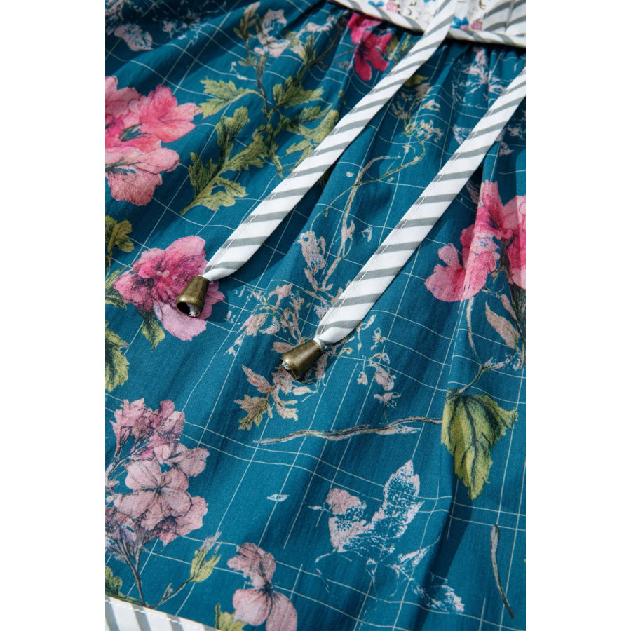 Floral Print Contrast Yoke Patchwork Striped Trim Long Puff Sleeve Blouse Apparel and Accessories