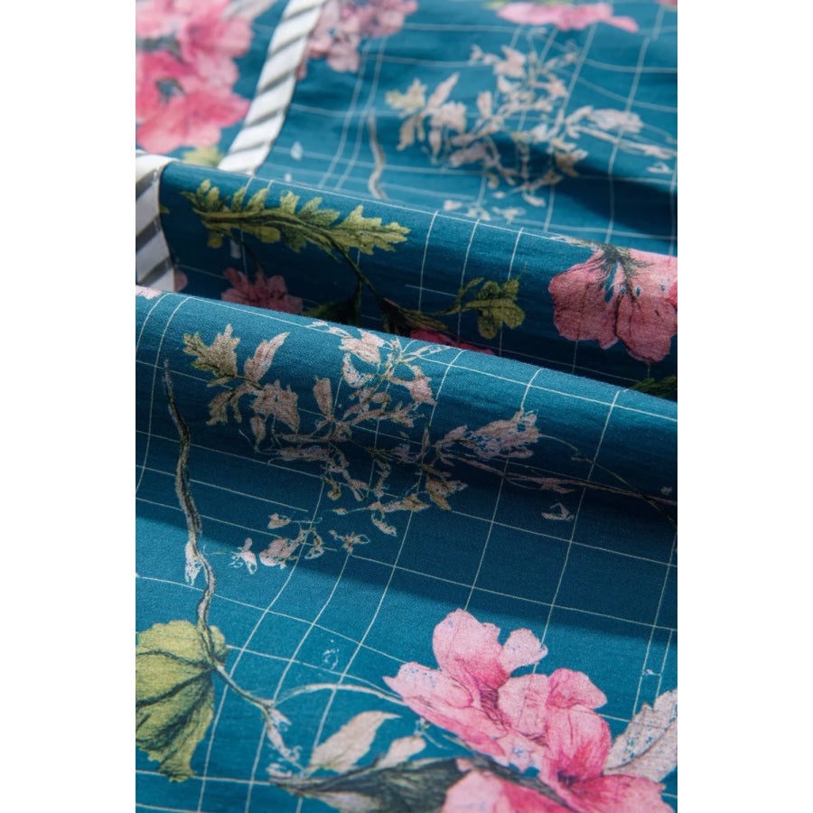 Floral Print Contrast Yoke Patchwork Striped Trim Long Puff Sleeve Blouse Apparel and Accessories
