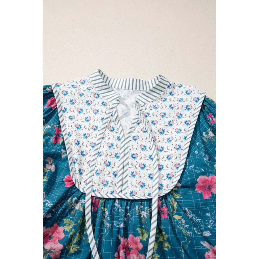 Floral Print Contrast Yoke Patchwork Striped Trim Long Puff Sleeve Blouse Apparel and Accessories