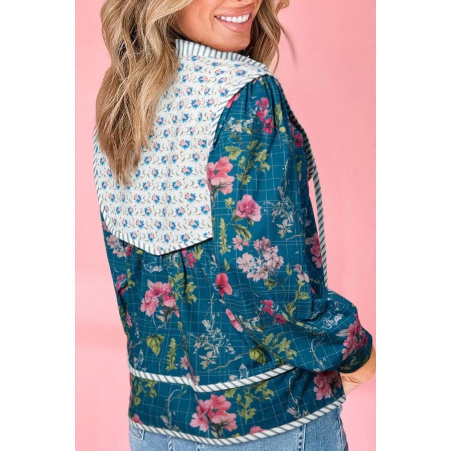 Floral Print Contrast Yoke Patchwork Striped Trim Long Puff Sleeve Blouse Apparel and Accessories