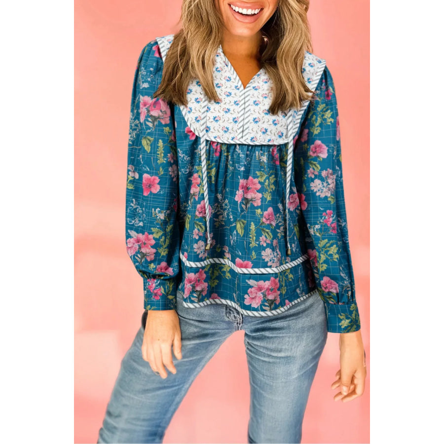 Floral Print Contrast Yoke Patchwork Striped Trim Long Puff Sleeve Blouse Deep Teal / S Apparel and Accessories