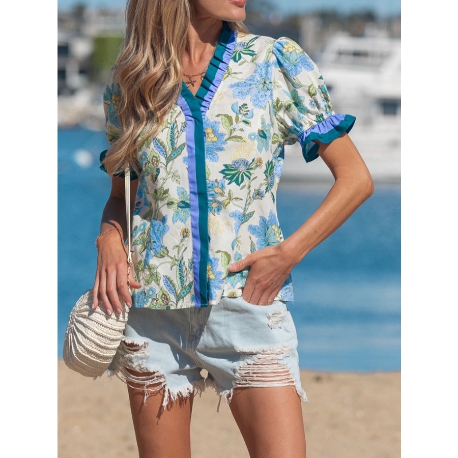 Floral Print Contrasted Frilled Striped Trim Short Sleeve Blouse Apparel and Accessories