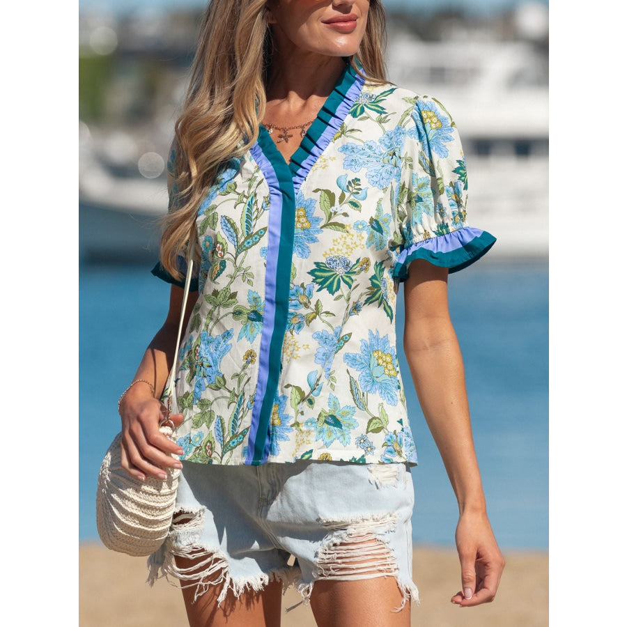 Floral Print Contrasted Frilled Striped Trim Short Sleeve Blouse Apparel and Accessories