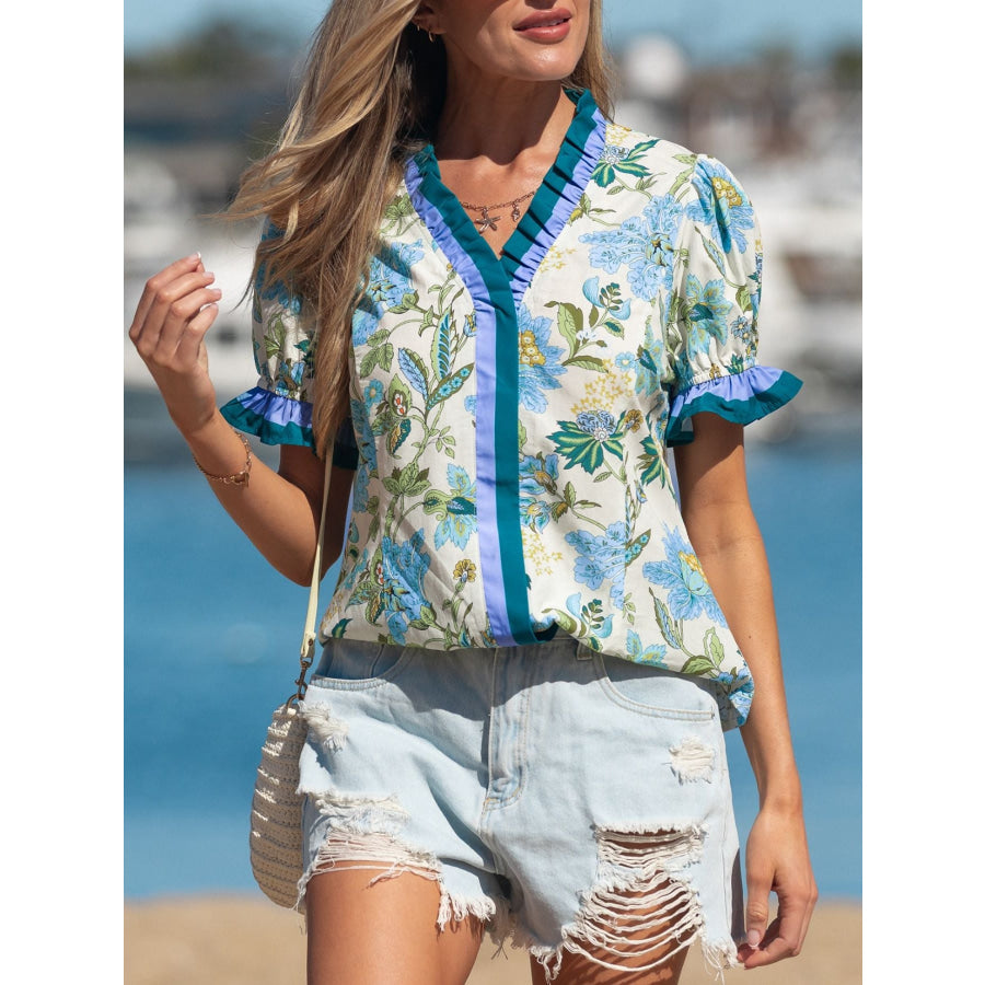 Floral Print Contrasted Frilled Striped Trim Short Sleeve Blouse Apparel and Accessories