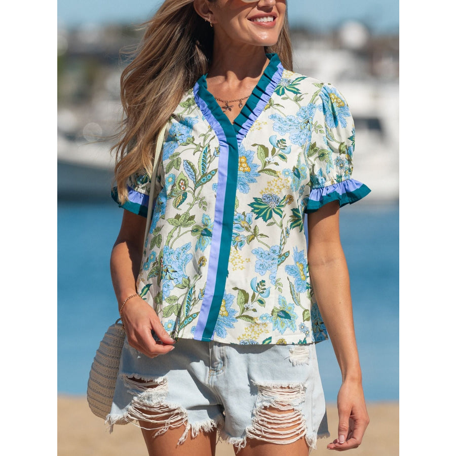 Floral Print Contrasted Frilled Striped Trim Short Sleeve Blouse Floral / S Apparel and Accessories