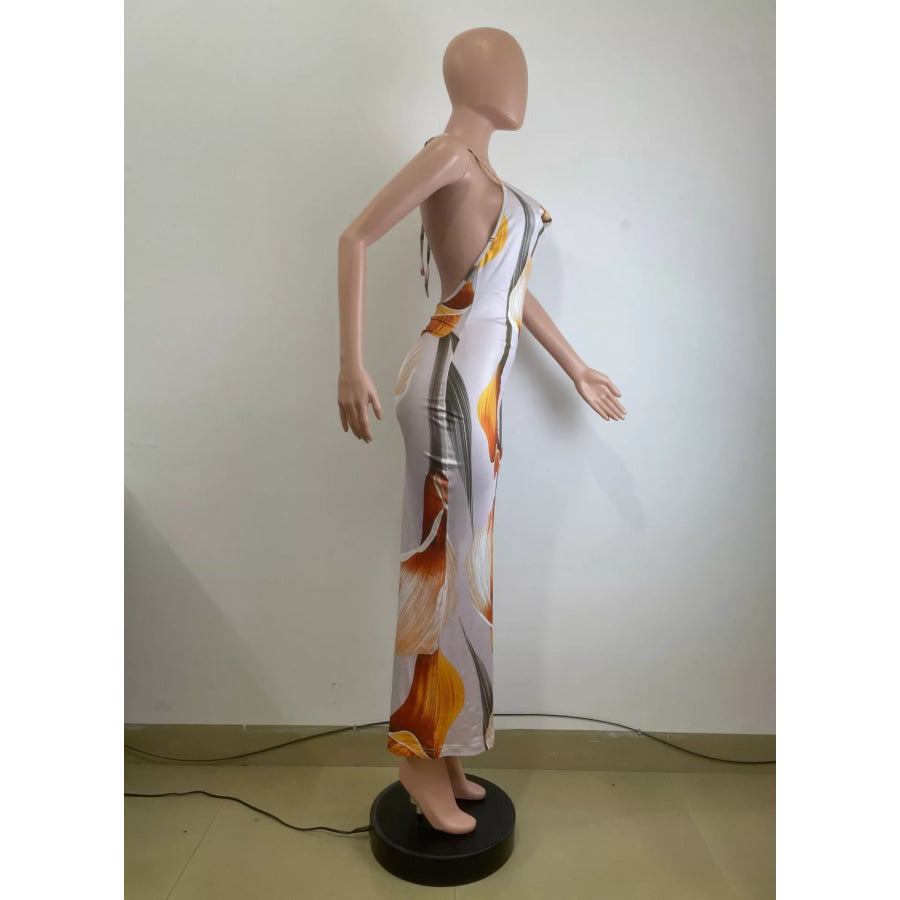 Floral Print Cowl Neck Backless Maxi Dress Apparel and Accessories