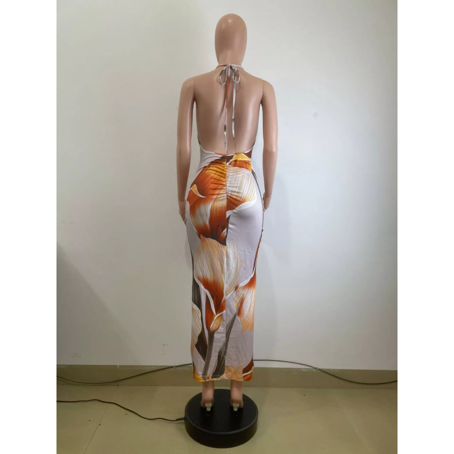 Floral Print Cowl Neck Backless Maxi Dress Apparel and Accessories