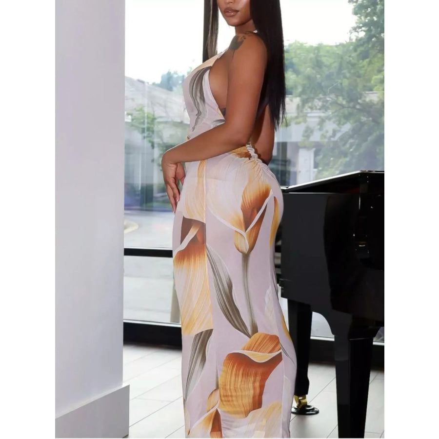 Floral Print Cowl Neck Backless Maxi Dress Apparel and Accessories