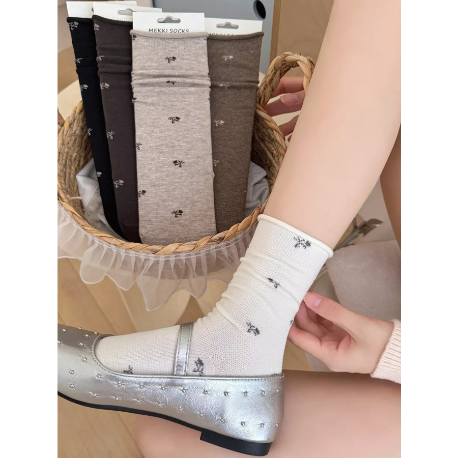 Floral Print Crew Socks White / One Size Apparel and Accessories
