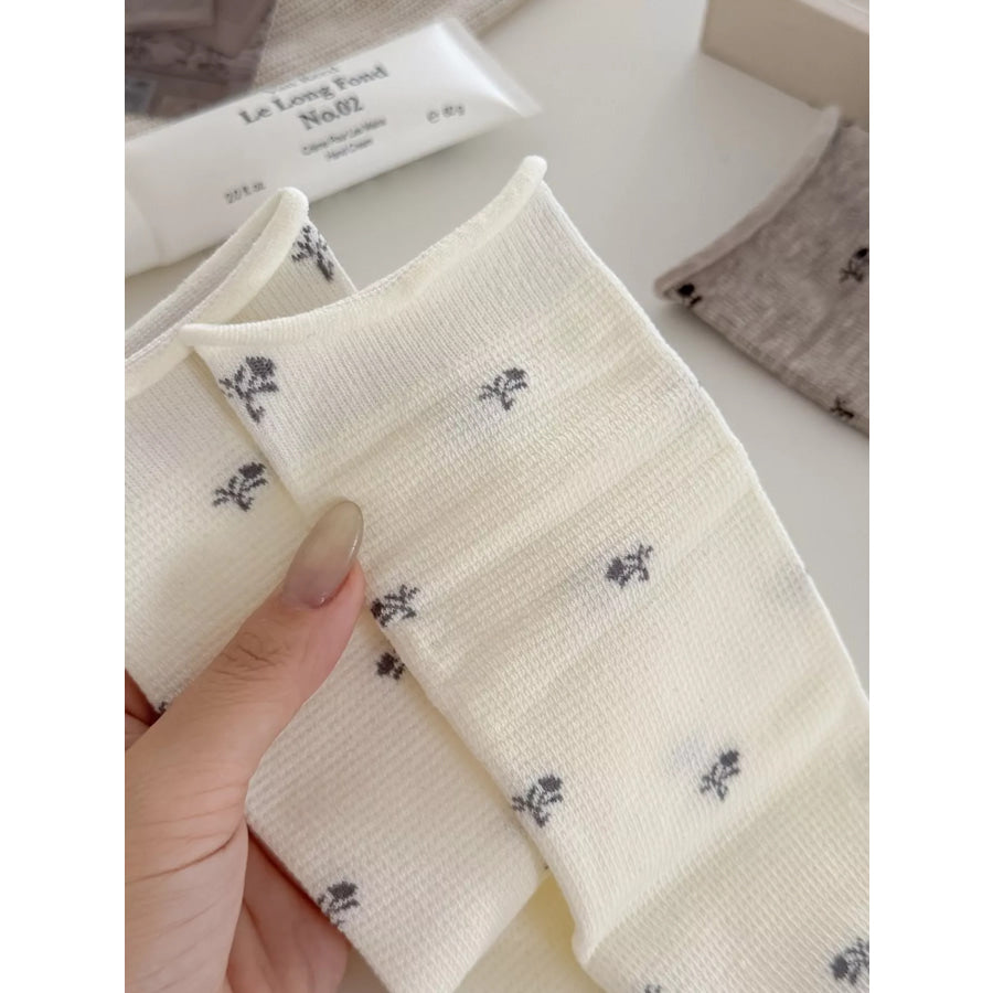 Floral Print Crew Socks White / One Size Apparel and Accessories