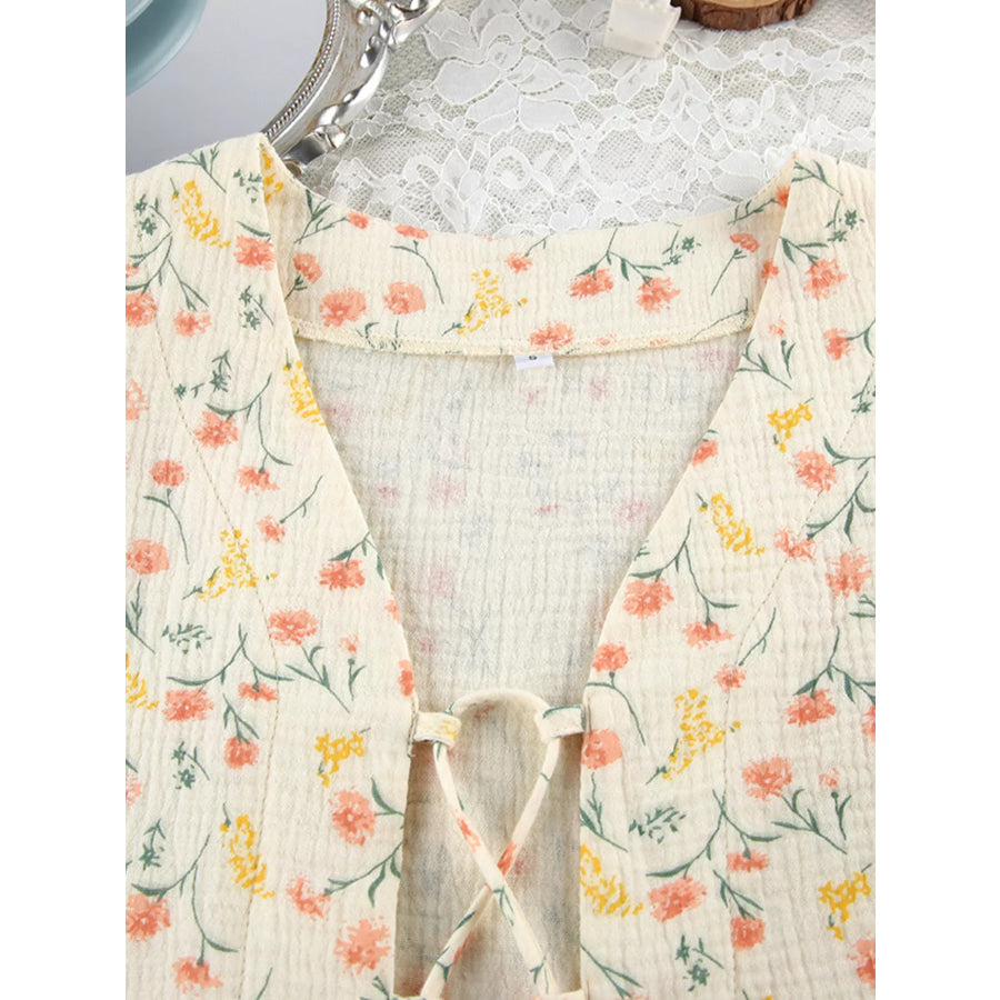 Floral Print Crinkle Texture Tie-Front Top and Shorts Set Apparel and Accessories