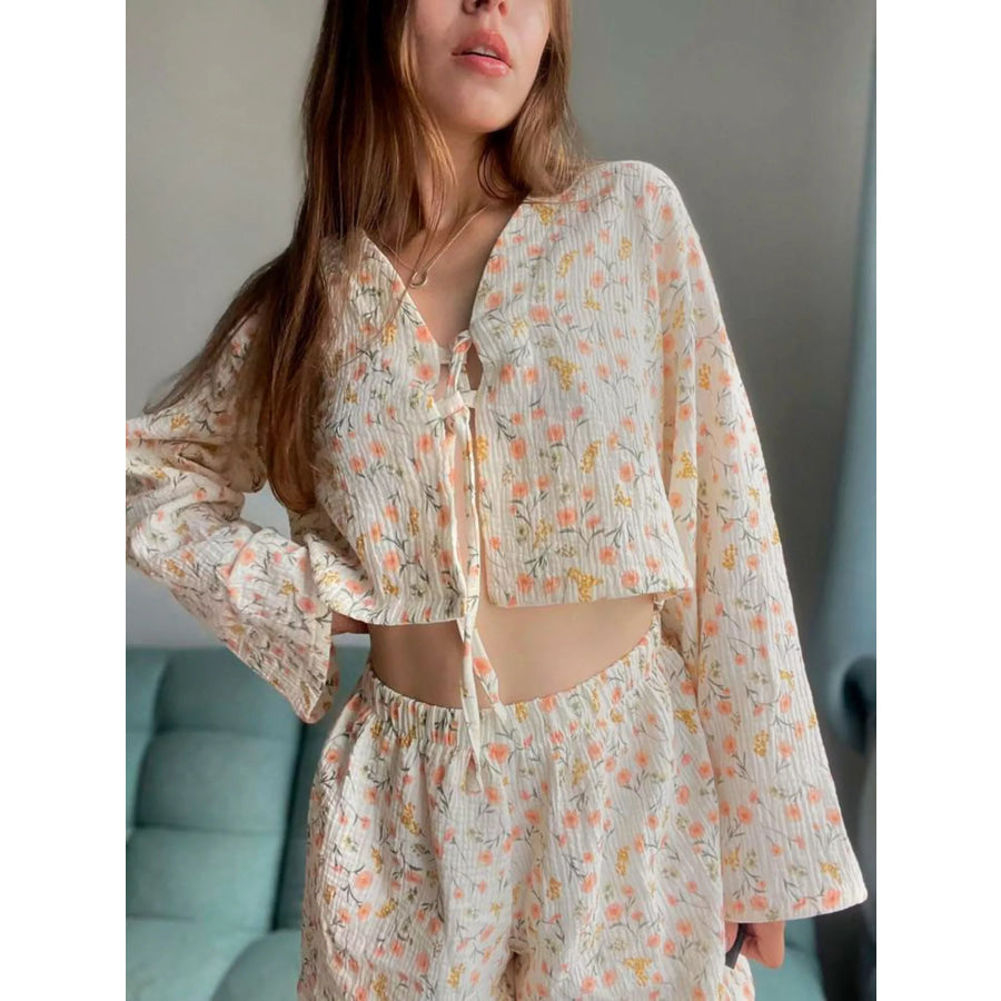 Floral Print Crinkle Texture Tie-Front Top and Shorts Set Apparel and Accessories