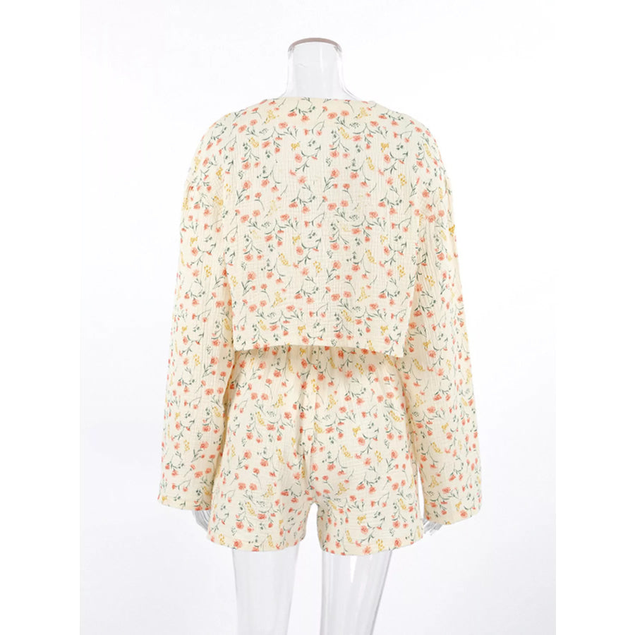 Floral Print Crinkle Texture Tie-Front Top and Shorts Set Apparel and Accessories