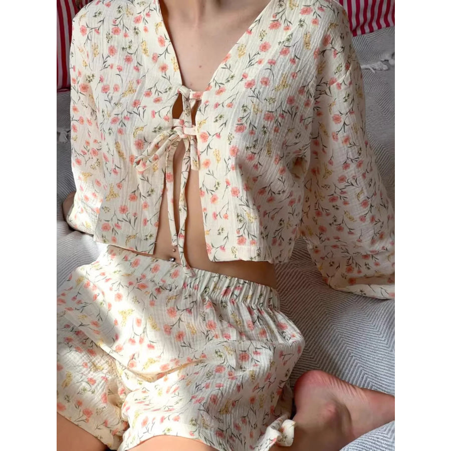 Floral Print Crinkle Texture Tie-Front Top and Shorts Set Apparel and Accessories