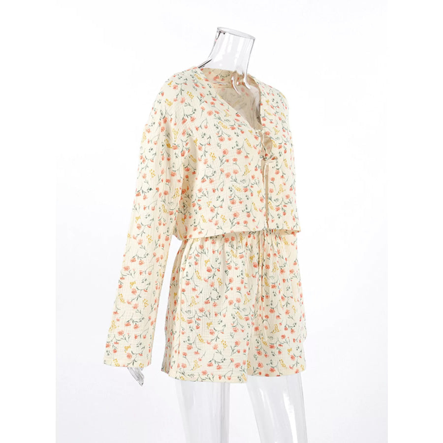 Floral Print Crinkle Texture Tie-Front Top and Shorts Set Apparel and Accessories