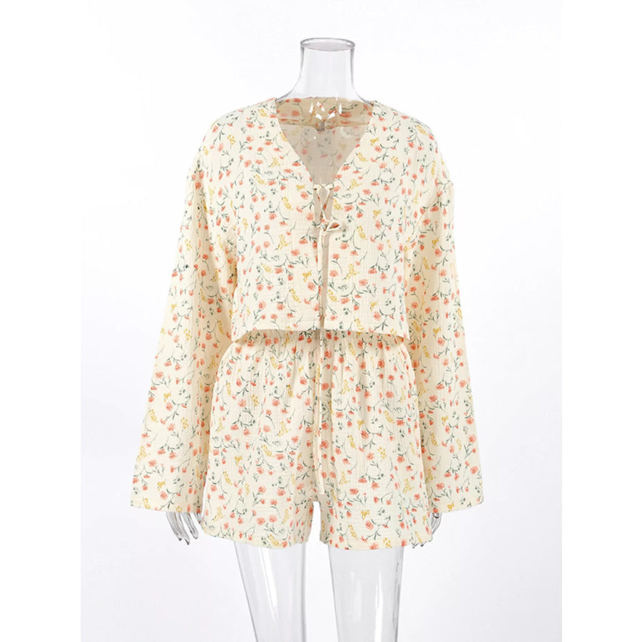 Floral Print Crinkle Texture Tie-Front Top and Shorts Set Apparel and Accessories